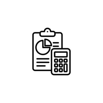 Icon depicting financial analysis using a calculator and a report with pie chart. vector