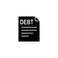Simple black and white icon depicting a document labeled 'DEBT'. vector