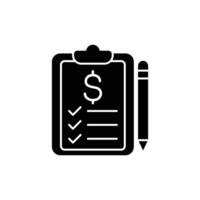 Black and white icon of a checklist with dollar sign and pencil vector