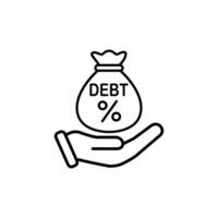 A line art icon depicting a hand holding a bag labeled 'DEBT' with a percentage symbol, symbolizing financial debt. vector