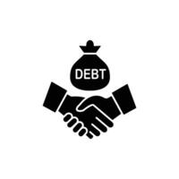 Black icon of a handshake with a debt bag above, symbolizing a financial deal or agreement. vector