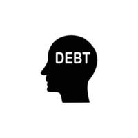A simple graphic showing a head silhouette with the word 'DEBT' inside, symbolizing the mental burden of debt. vector