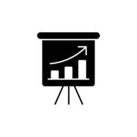 Black icon of a presentation board displaying an upward trending bar graph. vector