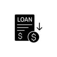 Black icon of loan application with a downward arrow symbolizing payment. vector
