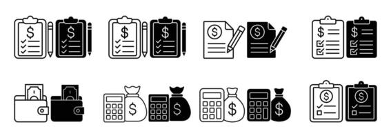 set of icons about finance, grow money, financial data, money counter, money calculator, stock rise and fall statistics data, financial question form, financial records, debt question date illustrator vector