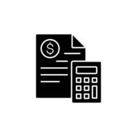 A simple black icon depicting a financial document and calculator. Represents accounting, finance, and budgeting. vector