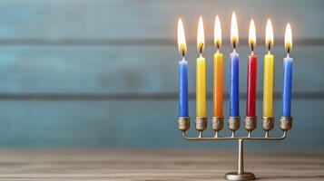 Colorful Candles Burning on a Menorah on Rustic Wooden Background photo