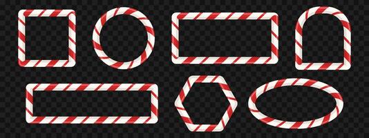 Realistic set of candy cane style frames. Round, square, and oval borders with red and white stripes. Striped elements for cards, banners, or photo templates. illustration on a black background vector