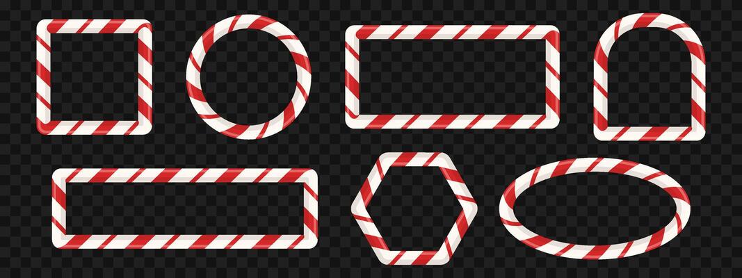 Realistic set of candy cane style frames. Round, square, and oval borders with red and white stripes. Striped elements for cards, banners, or photo templates. illustration on a black background