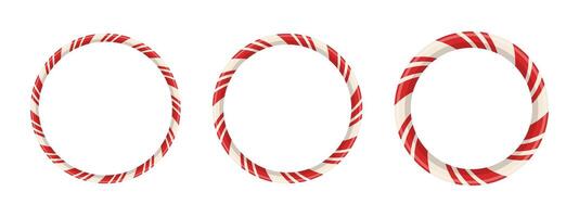 3 sweet holiday round frame elements with vintage swirl candycane shape for photo or card. banner with red cane pattern and white festive background. vector