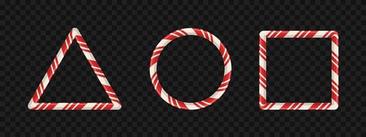 Red striped candy stick border with cute cartoon design for decoration or text. Oval, rectangle, and triangle frame in 3D style for xmas or new year. . vector