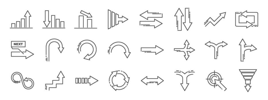 flecha icono colección para infografía y presentación usar. incluye flecha, icono, camino, línea, ataque, camino formas ilustra proceso, dirección, estrategia, movimiento, y decisión fluir. ilustración. vector