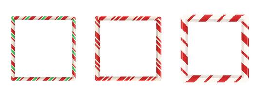 Christmas ornament frames with square candy pattern for banner or decor. Isolated 3D design for holiday card with stripe and cane. vector