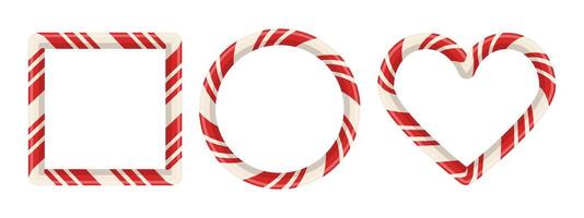 Candy cane frame set with red stripe pattern for xmas card or holiday photo. 3D border design with sweet oval, heart and rectangle shape. banner. vector
