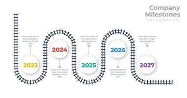 Timeline infographic with five steps and business milestones for process planning or data report. chart with line, time, step, and diagram elements. Modern roadmap layout for project, company vector
