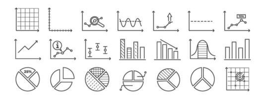 Icon set of line chart and pie diagram elements. Collection includes chart, graph, statistic, line, analysis, report visuals. Data tools for infographic, dashboard, and presentation layouts. vector