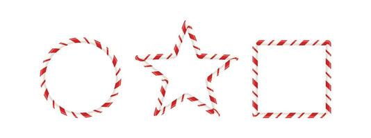 Candy cane frame set with red stripe pattern for xmas card or holiday photo. 3D border design with sweet oval, star, and rectangle shape. banner. vector