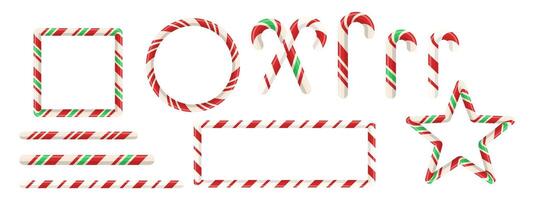 Christmas border elements with cute candy stripe design for card or text. Square, round, and star frames with lollipop cane pattern for festive decor. vector
