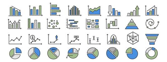Business chart icon set with graph, statistic, line and bar diagram for finance or analysis. Pie graphics with horizontal and donut layout for data growth. report for trend or economy by vector