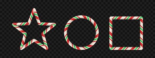 Candy cane frame set with red and green stripe pattern for xmas card or holiday photo. 3D border design with sweet oval, star, and rectangle shape. banner. vector