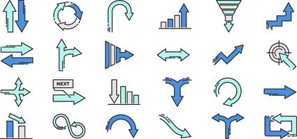 Arrow icon collection for various path options. Line and stroke styles show each way and direction. illustration in blue color. vector