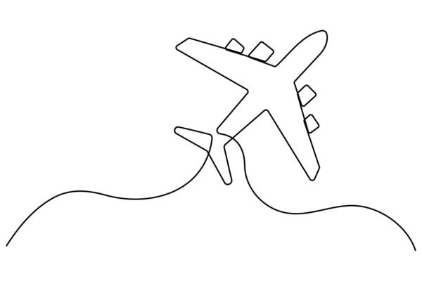 Single line airplane drawing in clean minimal style on transparent background