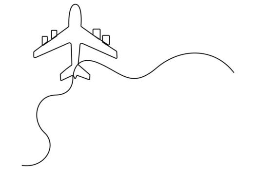 Continuous line drawing of airplane in a minimal style with transparent background vector