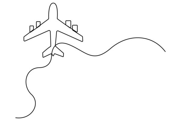 Continuous line drawing of airplane in a minimal style with transparent background