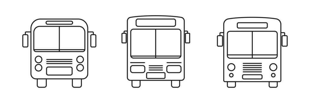 Bus icon set. Front view school bus symbol. Transportation bus line art. illustration editable stroke width vector