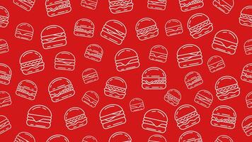 Red hamburger background. Seamless pattern of burger doodle line art. Packaging, wrapper, banner, wallpaper vector