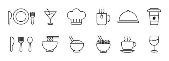 Food and drink icon set in outline style. plate, fork, knife and spoon, set logotype menu, cutlery icon, chef hat, tableware sign, catering icons, Restaurant sign and symbol. illustration. vector