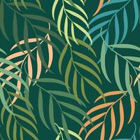 Seamless tropical leaf pattern in green and yellow tones. Hand-drawn doodle style with layered foliage on deep green background, ideal for nature-inspired designs. vector