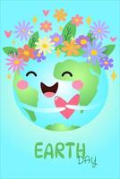 Cartoon Earth Day design with flowers and hearts. Ideal for environmental campaigns, school projects, and spring celebrations. vector