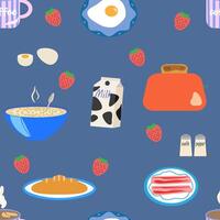 Repeat breakfast pattern with coffee, toast, eggs, and fresh ingredients on navy background. Ideal for food packaging, textiles, and kitchen decor. vector