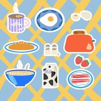 Playful breakfast illustrations in white outlines. Vibrant yellow-blue backdrop for food packaging and restaurant graphics. vector