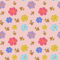 Bees and multicolor floral pattern on blush pink. Perfect for nursery decor, fabric prints, and garden-party branding. vector