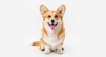 Adorable happy Pembroke Welsh Corgi dog sitting on white background perfect for pet adoption websites and veterinary clinics photo