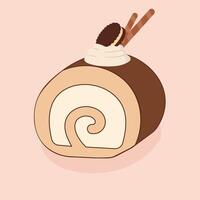 Tiramisu Swiss Roll Cake Illustration with Cream and Cookie Topping vector