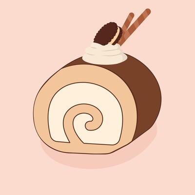 Tiramisu Swiss Roll Cake Illustration with Cream and Cookie Topping