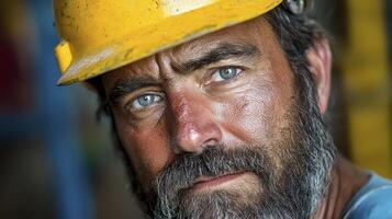 Close Up Portrait Weathered Construction Worker Yellow Hard Hat Dust photo