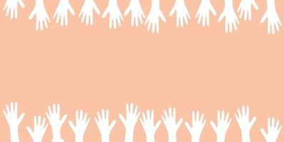 Many hands reaching up on a pink background vector
