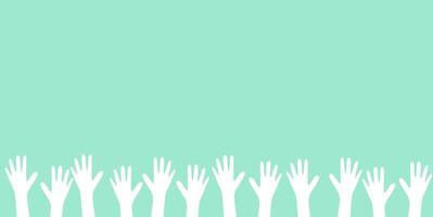 Many hands raised up in the air on a green background vector