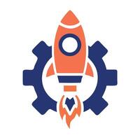 Orange rocket ship launching from blue gear with white background engine fire vector