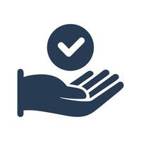 Dark blue hand holding a white checkmark inside a circle approved accepted vector