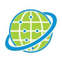 Green globe with blue orbital ring and network nodes connection technology vector