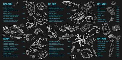 Hand-drawn illustration of squid, oysters and fresh fish. Can be used for menus with a sea theme. vector