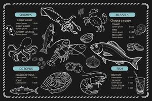 Hand-drawn seafood menu. Simple and usable template with shrimp, crab, squid and oyster figures. vector
