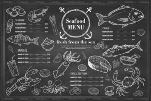 Simple and eye-catching restaurant menu created with mussels, oysters, crab and salmon drawings. vector