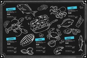 Hand-drawn isolated menu. Fried shrimps, fish varieties and calamari are integrated with the black background. vector
