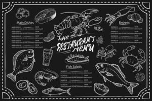 Hand-drawn menu with fish and seafood on a black background. template. vector